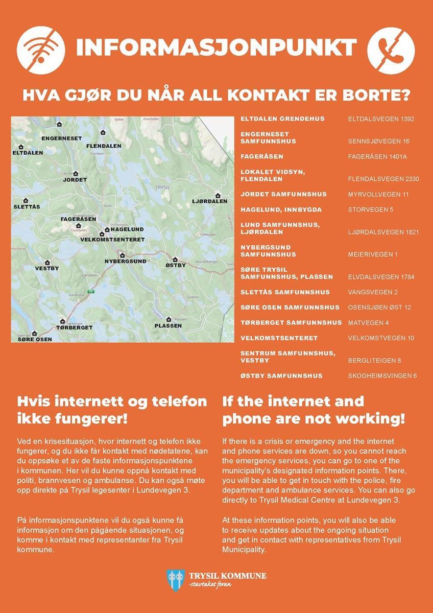 En oransje plakat med info om informasjonspunkter i Trysil kommune. - Klikk for stort bilde