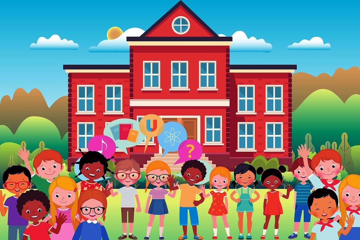 En fargerik illustrasjon av barn foran en skole - Klikk for stort bilde
