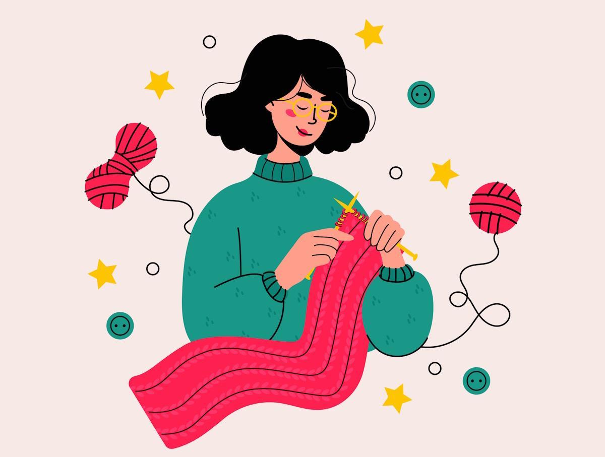 En illustrasjon av en kvinne som strikker - Klikk for stort bilde