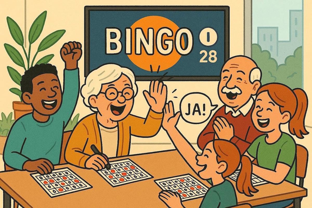 Teging av glade mennesker som spiller bingo - Klikk for stort bilde
