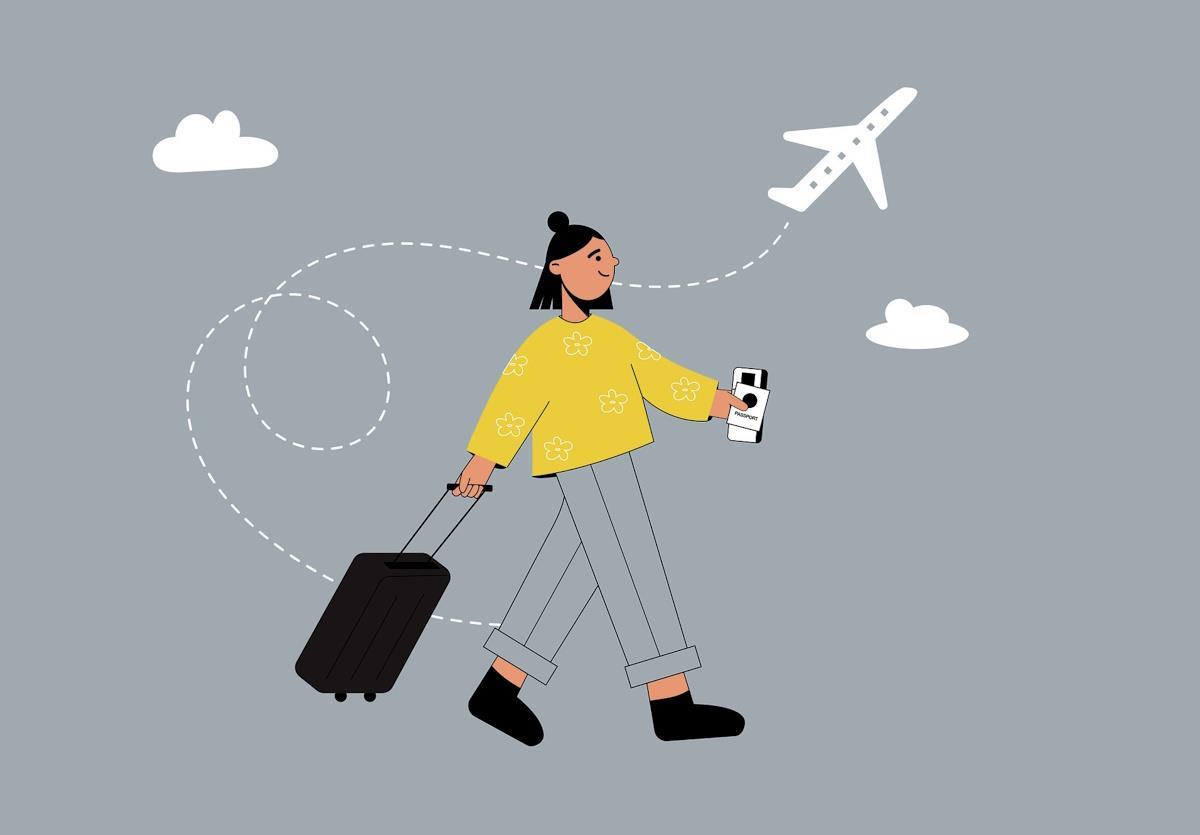 Illustrasjon av en kvinne med trillekoffert som skal ut å reise - Klikk for stort bilde